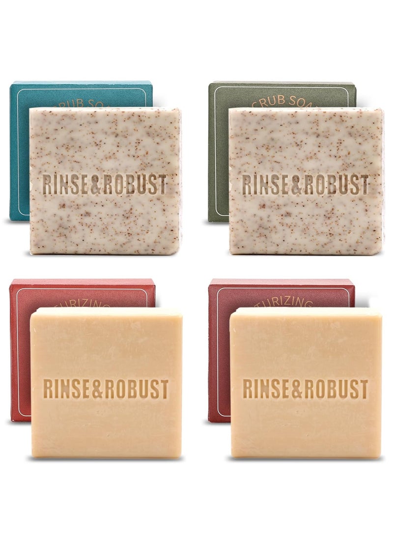 Rinse & Robust Mens Bar Soap 4Pcs Natural Soap Bar Set Cleansing Bar Moisturizing&Exfoliating Scrub Soap Gift Set Travelling for Men FACE BODY HAND BEARD WASH 4 In 1 All Skin Type |5.3 oz of 4 Bars - Image 1