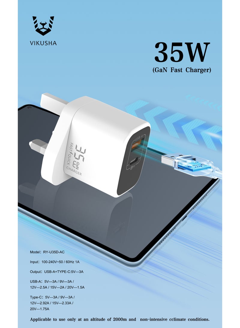 فيكوشا شاحن سريع GaN بقوة 35 وات بمنفذين USB-A + Type-C مع مخرج مستقل باللون الأبيض  - Image 2