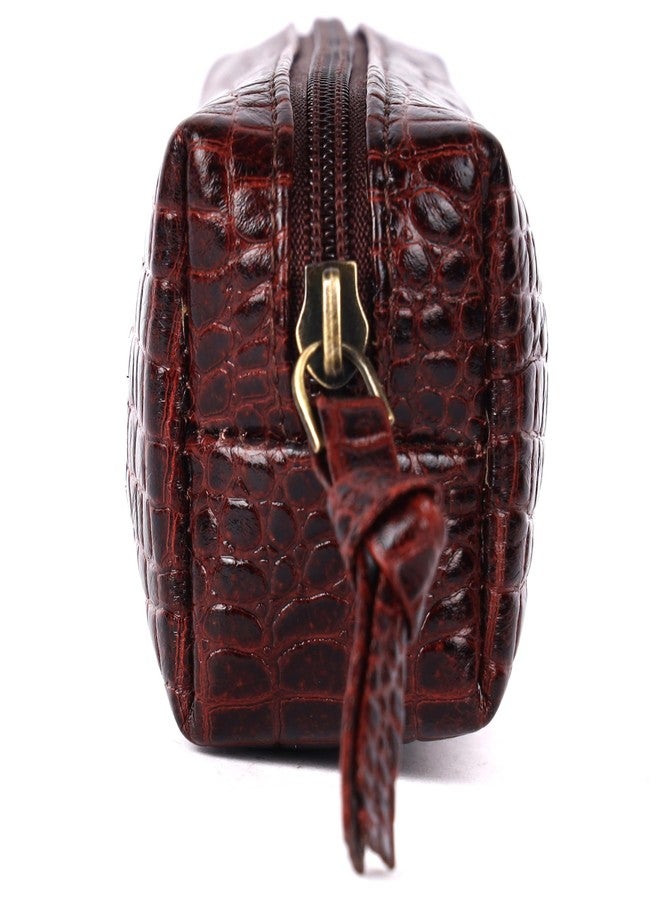 HAMMONDS FLYCATCHER Genuine Leather Utility Pouch - Multi-Use Pencil Case, Cosmetic, Stationery, Coin, Makeup Brush Organizer for Women & Men - School & Office - Croc Brown - Image 2