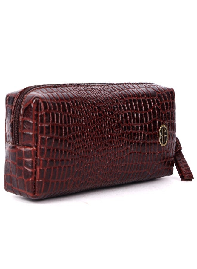 HAMMONDS FLYCATCHER Genuine Leather Utility Pouch - Multi-Use Pencil Case, Cosmetic, Stationery, Coin, Makeup Brush Organizer for Women & Men - School & Office - Croc Brown - Image 1