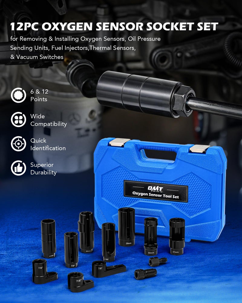 Orion Motor Tech 12pc Oxygen Sensor Socket Set, O2 Sensor Removal Tool and Thread Chaser Set with 22mm 27mm 29mm 7/8" 1-1/16" Sockets 1/2" 3/8" Drive, for Oil Pressure Vacuum Thermal Oxygen Sensors - Image 2