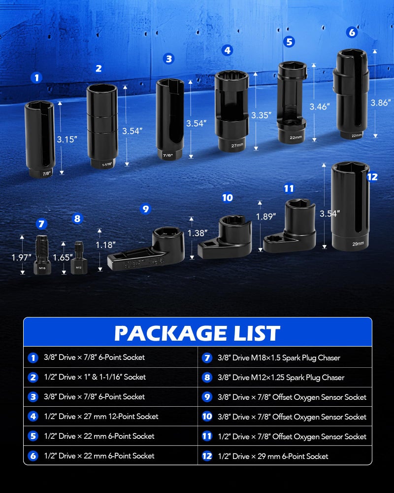 Orion Motor Tech 12pc Oxygen Sensor Socket Set, O2 Sensor Removal Tool and Thread Chaser Set with 22mm 27mm 29mm 7/8" 1-1/16" Sockets 1/2" 3/8" Drive, for Oil Pressure Vacuum Thermal Oxygen Sensors - Image 3