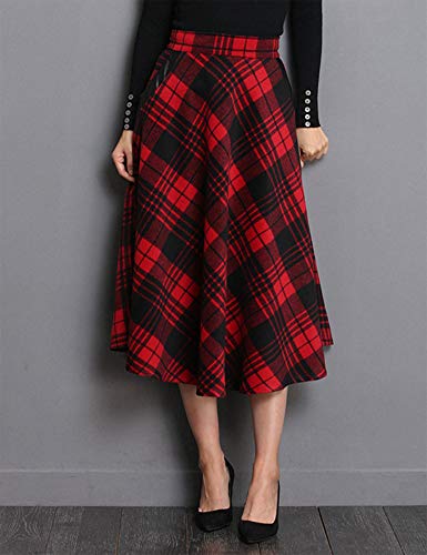 IDEALSANXUN Womens High Elastic Waist Maxi Skirt A-line Plaid Winter Warm Flare Long Skirt (Large, Mid-Calf Red) - Image 3