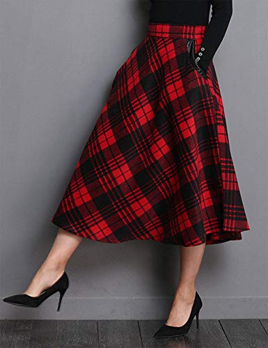 IDEALSANXUN Womens High Elastic Waist Maxi Skirt A-line Plaid Winter Warm Flare Long Skirt (Large, Mid-Calf Red) - Image 2