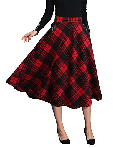 IDEALSANXUN Womens High Elastic Waist Maxi Skirt A-line Plaid Winter Warm Flare Long Skirt (Large, Mid-Calf Red) - Image 5