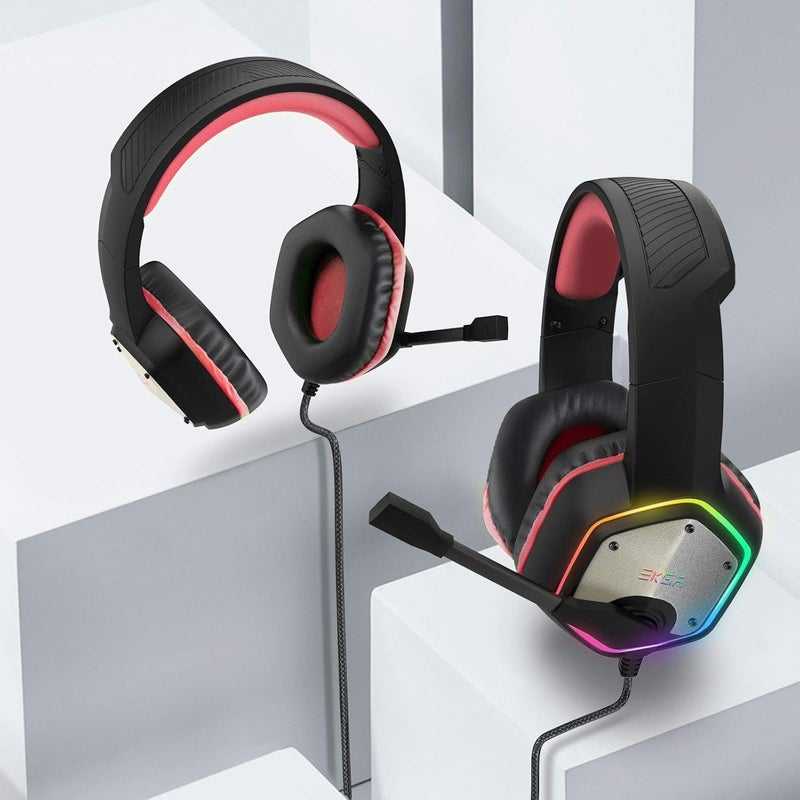 EKSA Gaming Headset with 7.1 Surround Sound Stereo, PS4 USB Headphones with Noise Canceling Mic & RGB Light, Compatible with PC, PS4 Console, Laptop (Red) - Image 3