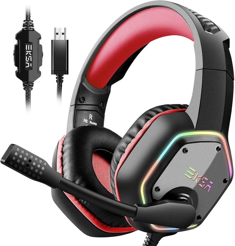 EKSA Gaming Headset with 7.1 Surround Sound Stereo, PS4 USB Headphones with Noise Canceling Mic & RGB Light, Compatible with PC, PS4 Console, Laptop (Red) - Image 1
