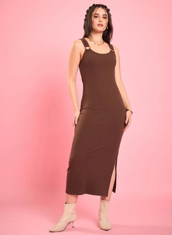 Winered Brown Ribbed Midi Dress With Slit