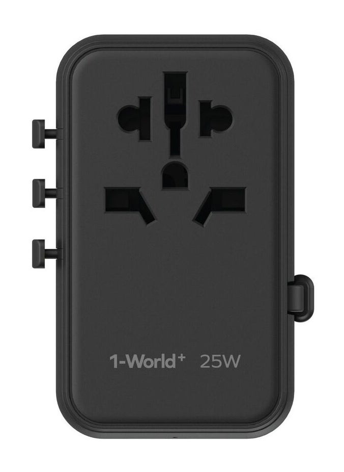 Momax Momax UA20 1-World 25W GaN 3 Ports + Multi Plug Travel Adapter Multi Volt 100-240V USB-C / USB-A with Retractable USB-C Cable -BLACK  - Image 2