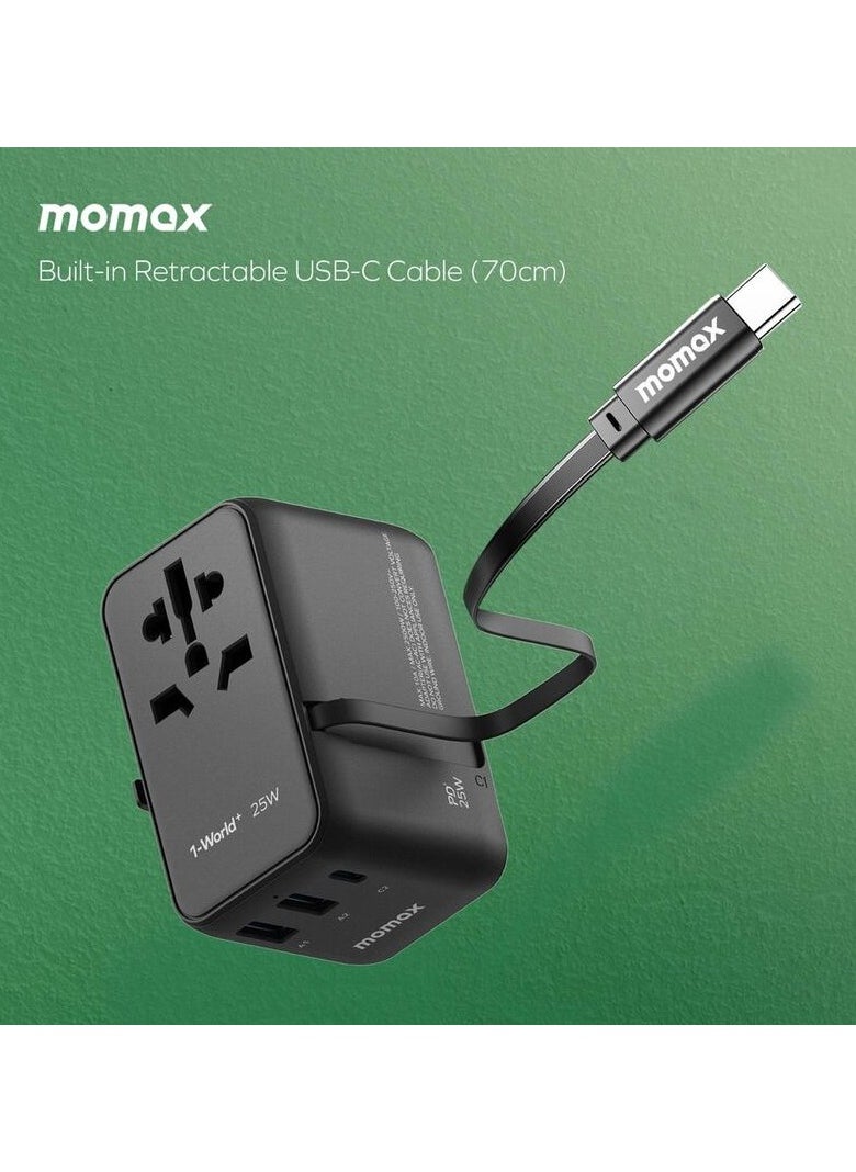 Momax Momax UA20 1-World 25W GaN 3 Ports + Multi Plug Travel Adapter Multi Volt 100-240V USB-C / USB-A with Retractable USB-C Cable -BLACK  - Image 5