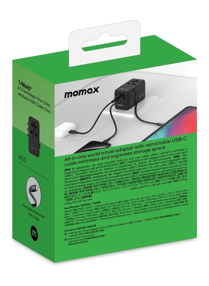 Momax Momax UA20 1-World 25W GaN 3 Ports + Multi Plug Travel Adapter Multi Volt 100-240V USB-C / USB-A with Retractable USB-C Cable -BLACK  - Image 4