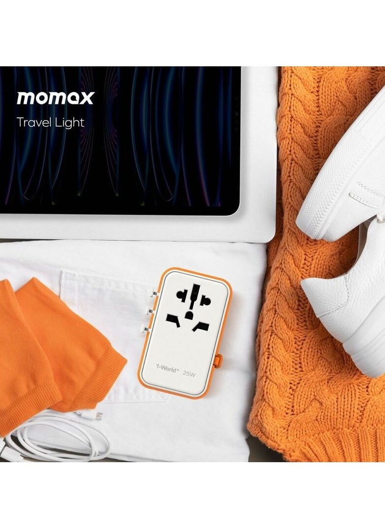 Momax Momax UA20 1-World 25W GaN 3 Ports + Multi Plug Travel Adapter Multi Volt 100-240V USB-C / USB-A with Retractable USB-C Cable -BLACK  - Image 3
