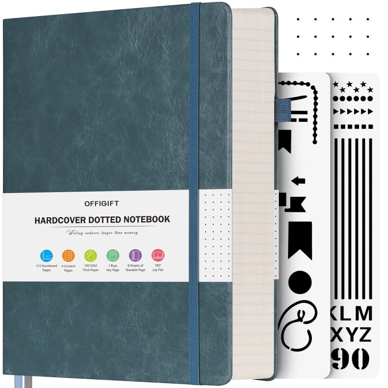 OFFIGIFT Bullet Dotted Journal Notebook, 312 Numbered Pages A5 Hardcover Leather Journal, 100gsm No Bleed Paper Dot Grid Notebook with Index Pages, Dot Journal for Women Men, 5.75" x 8.38", Grey Blue - Image 1