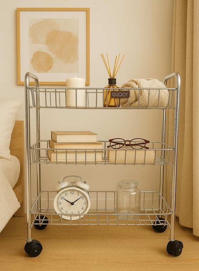 GLOCY Stainless Steel 3-Tier Corner Kitchen Rack Stand Trolley | Space-Saving Steel Organizer for Spice Containers & Kitchen Storage| Utensils Rack for Home (Silver) - Image 1