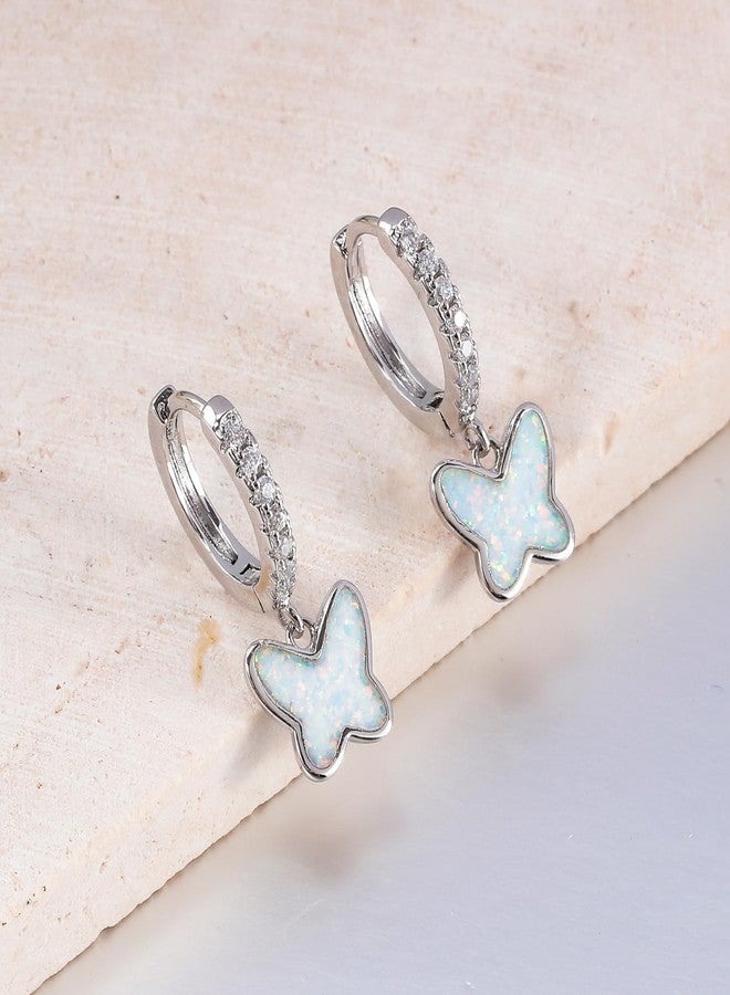 CiNily Butterfly Drop Earrings, Hoop Earrings for Women Teen 14K White Gold Plated Opal Pendant Ear Rings Cubic Zircon Huggie Hoops Cartilage Earring White Opal Jewelry - Image 5