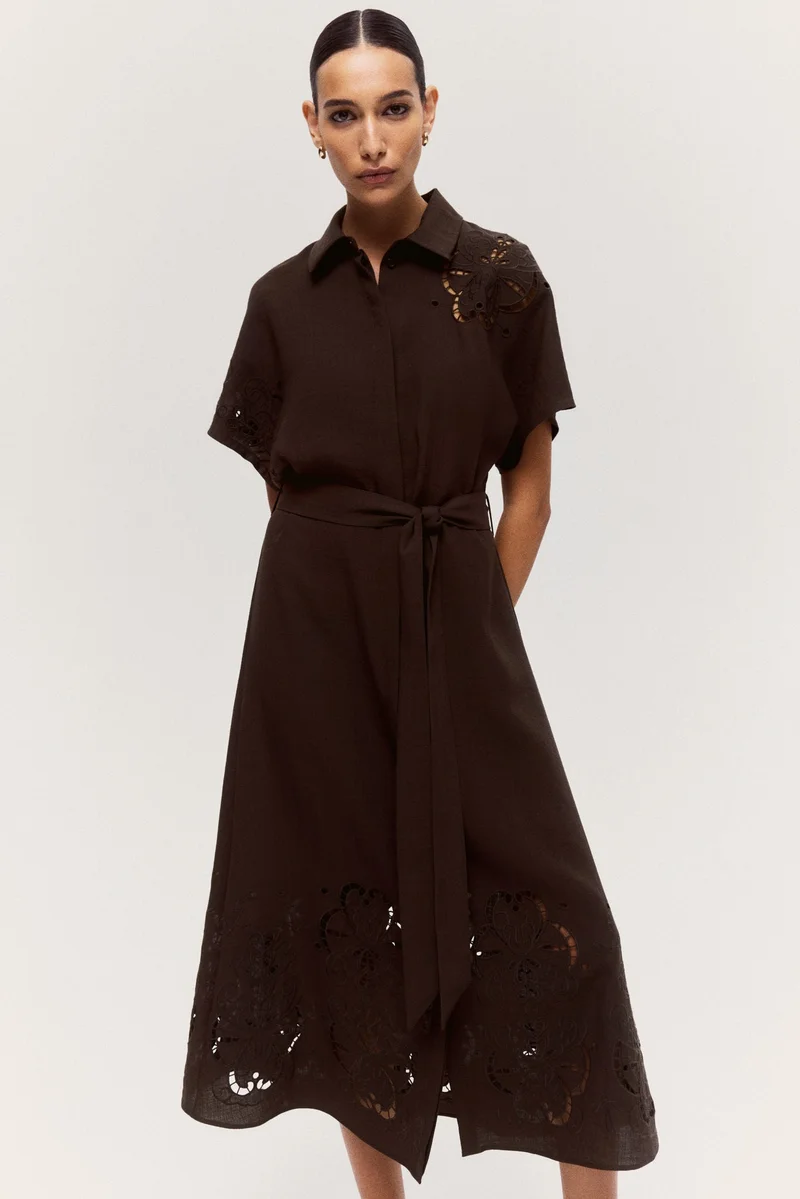 اتش اند ام فستان بتصميم قميص مزين بتطريز برودري مثقب