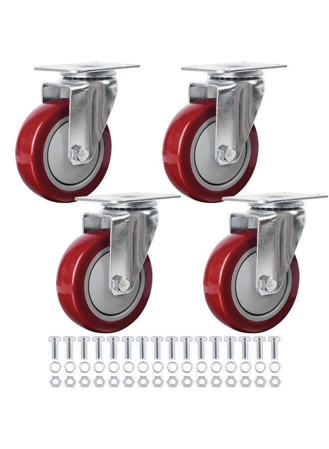 Finnhomy Finnhomy 4” Swivel Casters Wheels Set of 4 Plate Casters Heavy Duty Premium Polyurethane Wheels PU Load Bearing 2,600 Lbs Anti-wear Smooth Casters Red (Free Screws)  - Image 1