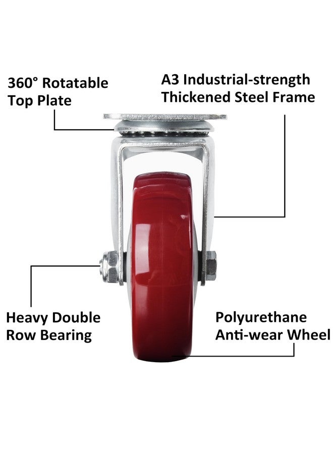 Finnhomy Finnhomy 4” Swivel Casters Wheels Set of 4 Plate Casters Heavy Duty Premium Polyurethane Wheels PU Load Bearing 2,600 Lbs Anti-wear Smooth Casters Red (Free Screws)  - Image 2