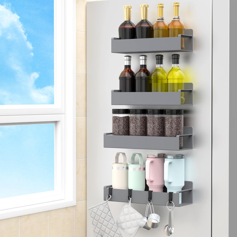 HuggieGems 4 Pack Magnetic Spice Rack Organizer for Refrigerator and Oven Dark Grey Fridge Organizers and Storage for Kitchen