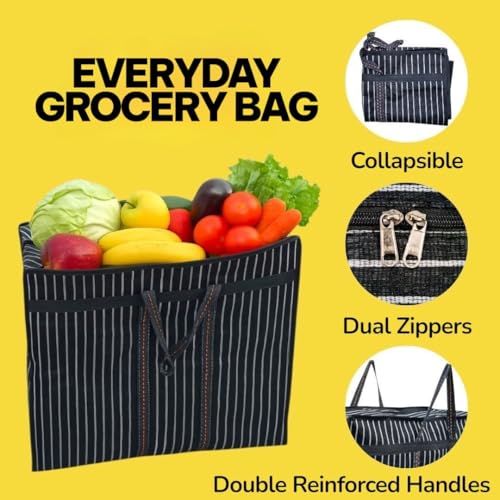 RIANZ® Heavy Duty Canvas Jumbo Storage Bag with Dual Zippers & Reinforced Handles | Multipurpose Collapsible Bag for Grocery Shopping, Clothes, Travel & Office Storage (Black - Small 1 Pc) - Image 2
