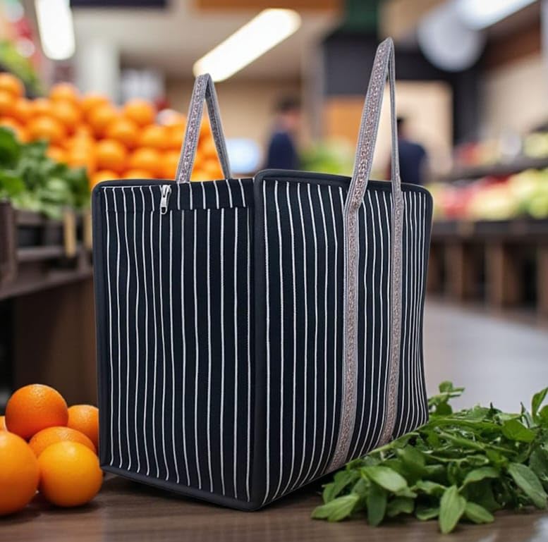 RIANZ® Heavy Duty Canvas Jumbo Storage Bag with Dual Zippers & Reinforced Handles | Multipurpose Collapsible Bag for Grocery Shopping, Clothes, Travel & Office Storage (Black - Small 1 Pc) - Image 5