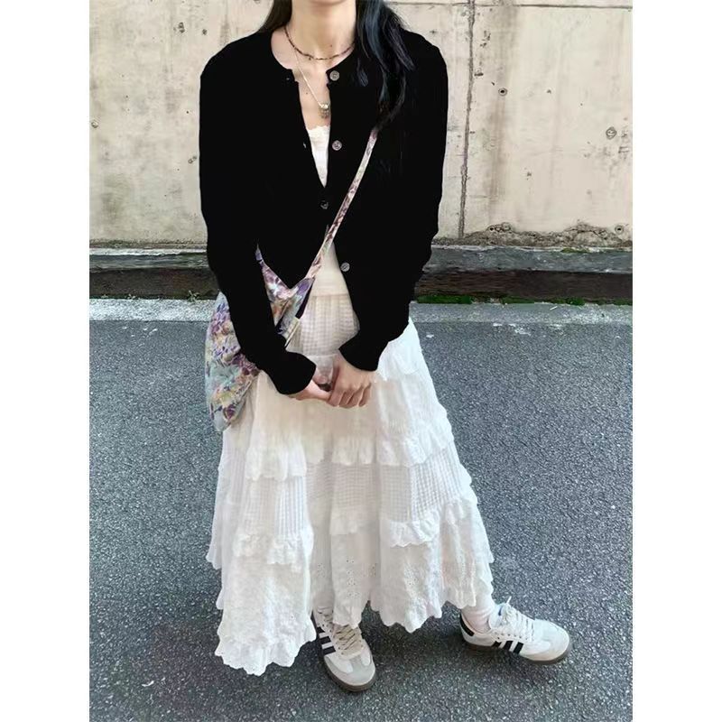 Spring/Summer 2024 New Design Sense Small Wear Knitted Cardigan Lace Strap Skirt Three-piece Suit White Sling - Image 4