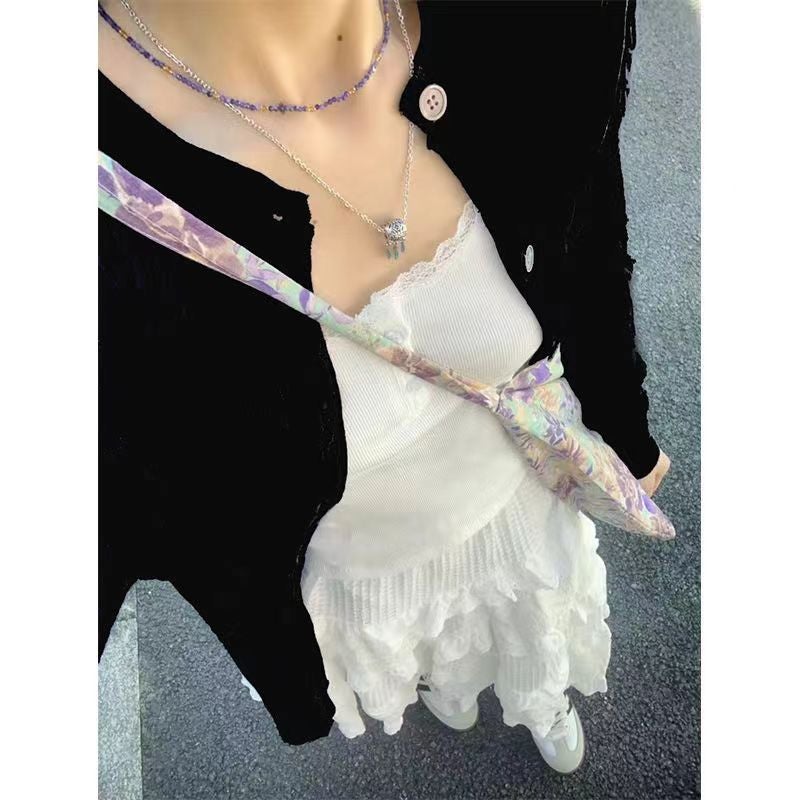 Spring/Summer 2024 New Design Sense Small Wear Knitted Cardigan Lace Strap Skirt Three-piece Suit White Sling - Image 5