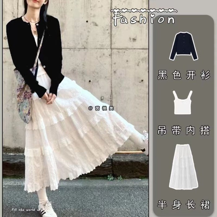 Spring/Summer 2024 New Design Sense Small Wear Knitted Cardigan Lace Strap Skirt Three-piece Suit White Sling  - Image 2