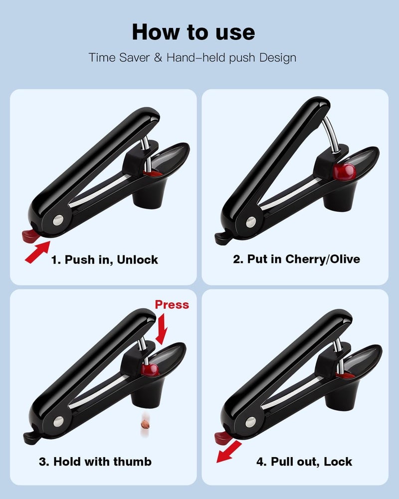 Dumsud Cherry Pitter, Cherry Pit Remover Tool Cherries Corer Pitter with Hand-held Push, Olive Seed remover stones with lock design, Durable Cherries seed Corer for Cherry Jam -Black - Image 4