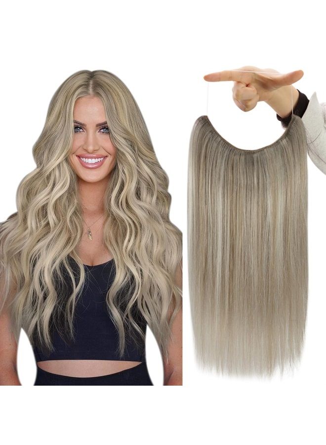 Fshine Wire Hair Extensions,Balayage Grey to Platinum Blonde 80g 18 Inch, Fshine Human Hair Extensions Adjustable Transparent Wire Extensions Natural Straight Remy Hair - Image 1