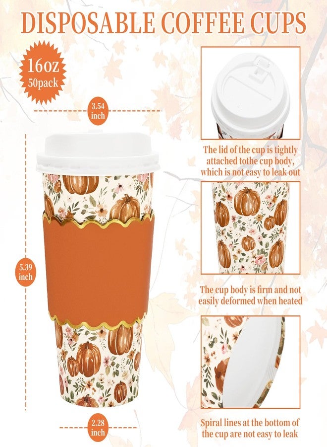 JarThenaAMCS جرثينا AMCS 50 قطعة أكواب قهوة خريفية مع أغطية وأكمام 16 أونصة مزهرة خريفية من اليقطين أكواب ورقية قابلة للتخلص منها لأخذها لقهوة عيد الشكر والزفاف والمقاهي والمتاجر كابتشينو شوكولاتة كاكاو - Image 2