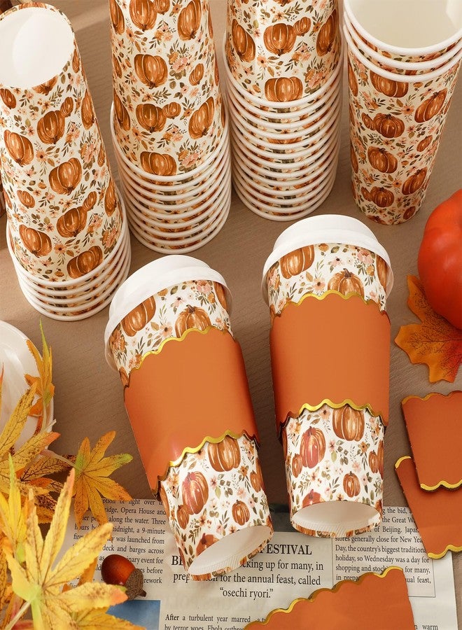 JarThenaAMCS جرثينا AMCS 50 قطعة أكواب قهوة خريفية مع أغطية وأكمام 16 أونصة مزهرة خريفية من اليقطين أكواب ورقية قابلة للتخلص منها لأخذها لقهوة عيد الشكر والزفاف والمقاهي والمتاجر كابتشينو شوكولاتة كاكاو - Image 5