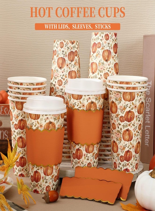 JarThenaAMCS جرثينا AMCS 50 قطعة أكواب قهوة خريفية مع أغطية وأكمام 16 أونصة مزهرة خريفية من اليقطين أكواب ورقية قابلة للتخلص منها لأخذها لقهوة عيد الشكر والزفاف والمقاهي والمتاجر كابتشينو شوكولاتة كاكاو - Image 3