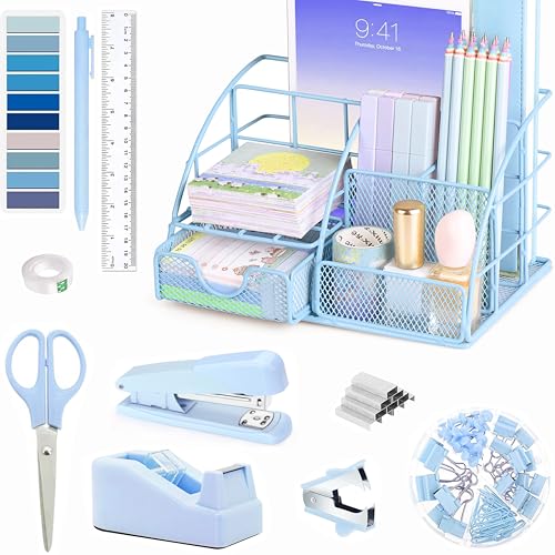 Scindaly Blue Office Desk Accessories Supplies 10pcs Desk Organizers and Accessories with Tape Dispenser and StaplerStaplesScissorRulerSticky TabsTapeBallpoint PenClips Set - Image 1