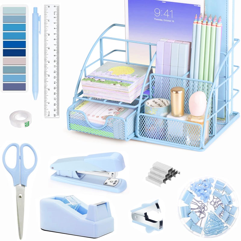 Scindaly Blue Office Desk Accessories Supplies 10pcs Desk Organizers and Accessories with Tape Dispenser and StaplerStaplesScissorRulerSticky TabsTapeBallpoint PenClips Set - Image 2