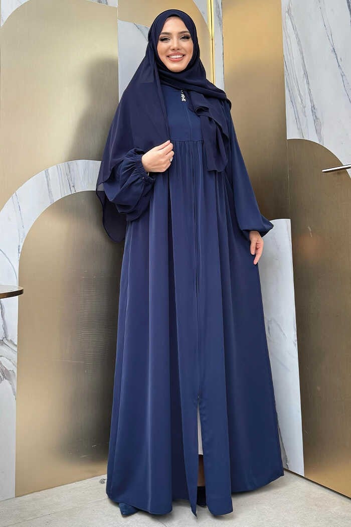 Bym Fashion Sleeve Gather Detail Zippered Casual Abaya Bym6 Navy Blue  - Image 1