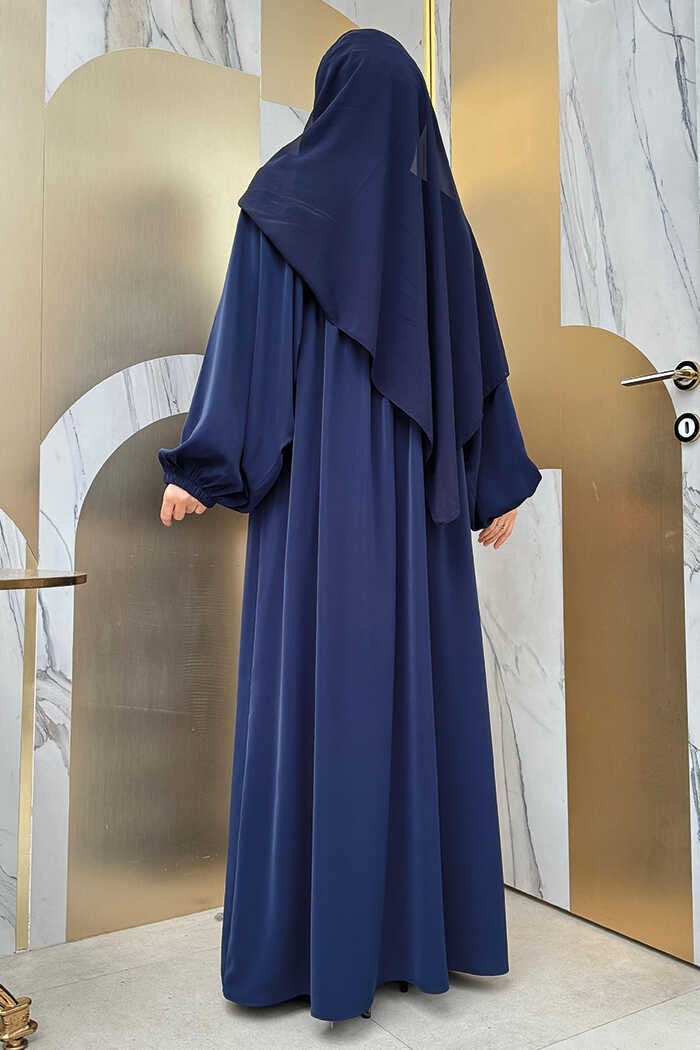 Bym Fashion Sleeve Gather Detail Zippered Casual Abaya Bym6 Navy Blue  - Image 2