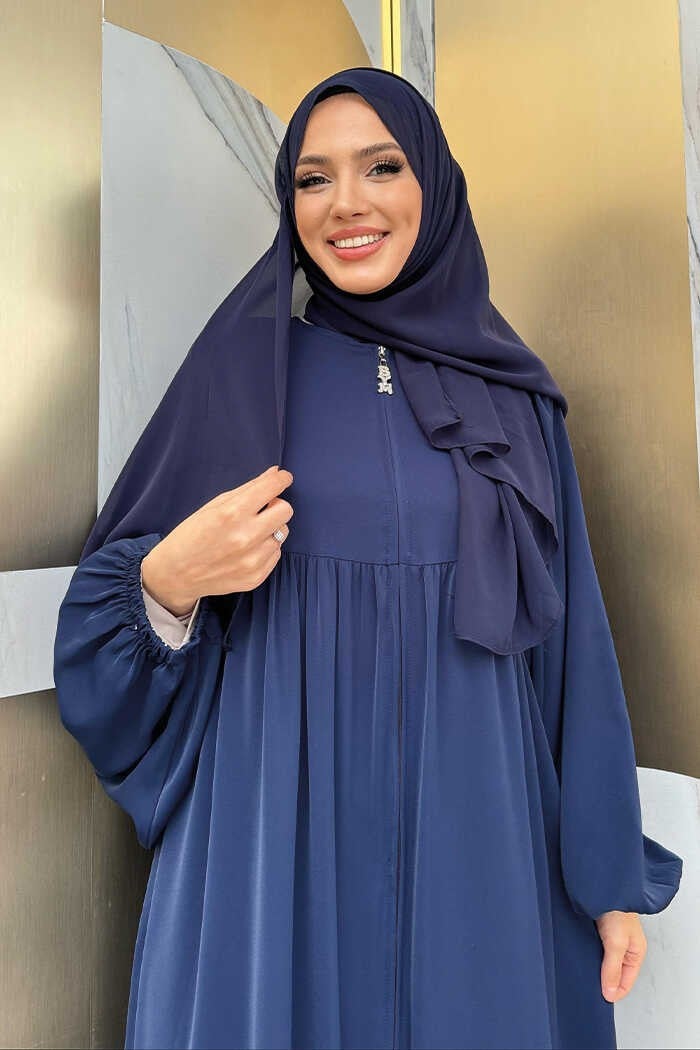 Bym Fashion Sleeve Gather Detail Zippered Casual Abaya Bym6 Navy Blue  - Image 4