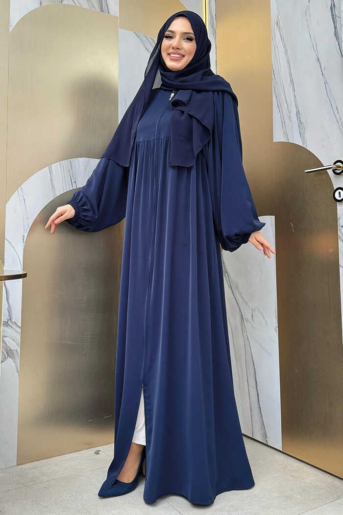 Bym Fashion Sleeve Gather Detail Zippered Casual Abaya Bym6 Navy Blue  - Image 3