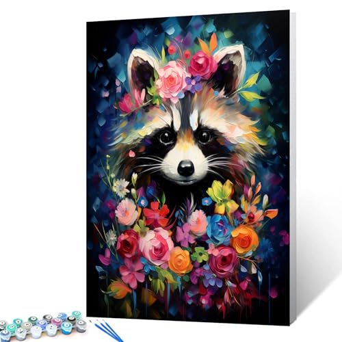 Tucocoo Raccoon Flowers Paint by Number for Adults Beginner DIY Oil Painting Kits on Canvas with Brushes and Acrylic Pigment Abstract Floral Cute Animal Picture for Home Decor 16x20inch Frameless - Image 1