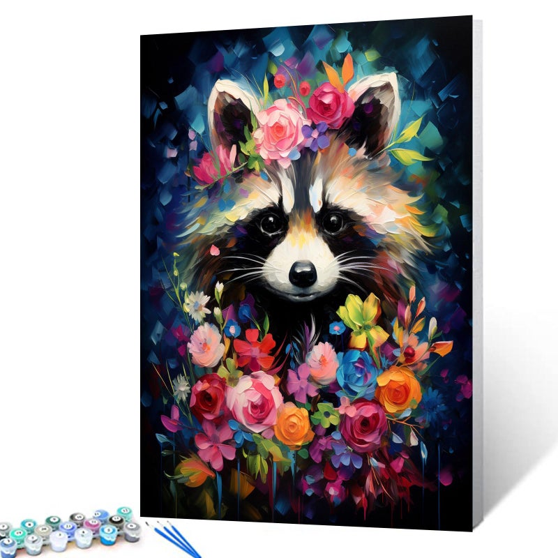 Tucocoo Raccoon Flowers Paint by Number for Adults Beginner DIY Oil Painting Kits on Canvas with Brushes and Acrylic Pigment Abstract Floral Cute Animal Picture for Home Decor 16x20inch Frameless - Image 3