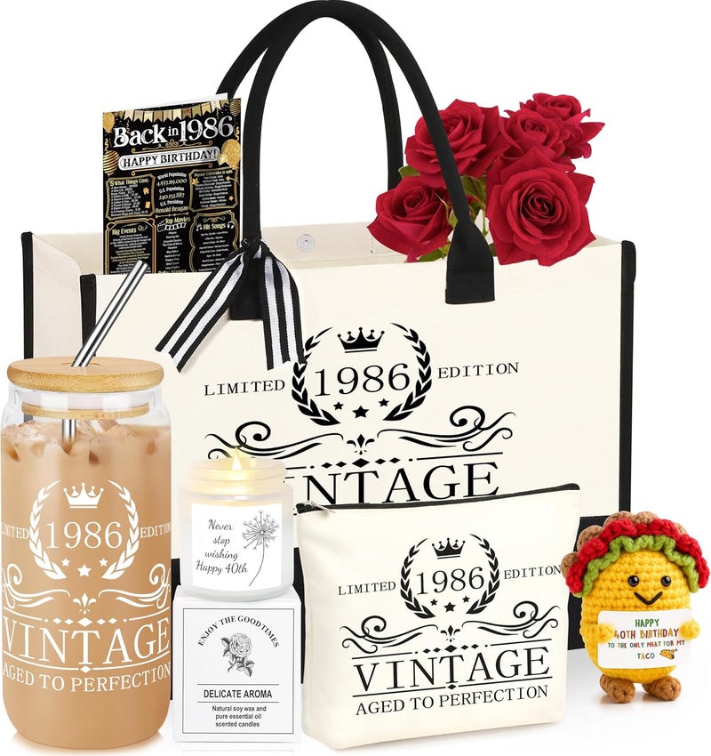 DOGMEM 40th Birthday Gift Set for Women - Tote Bag, Makeup Bag, Can Glass, Candle, and Crochet Taco - Image 1