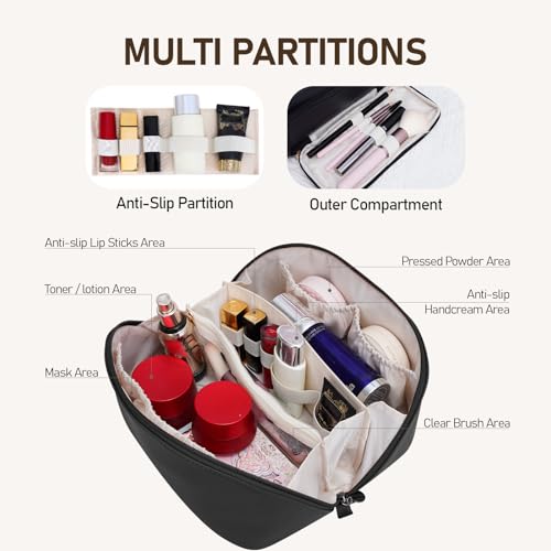 ETTP Large Capacity Cosmetic Bag for Women Waterproof PU Leather Makeup Bag for TravelToiletry Bag Make up Organizer with Divider and Handle Black - Image 3