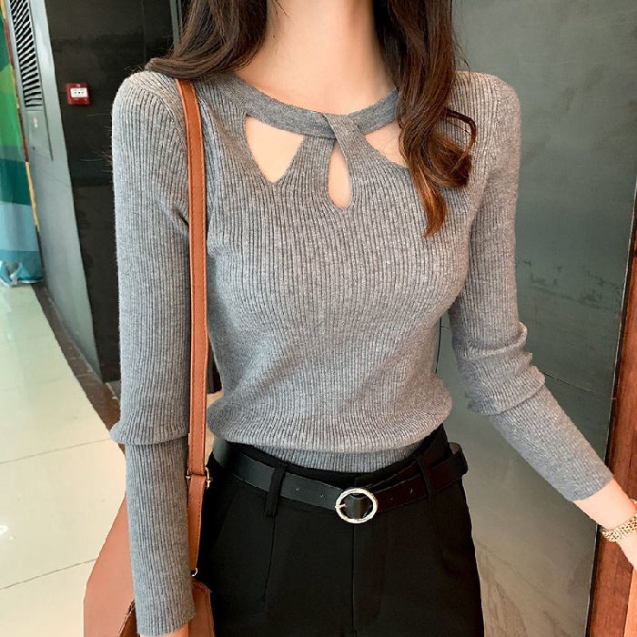 Autumn and Winter New Style Top with Wide-leg Pants Small Sexy Sweater Womens Pullover Slim-fit All-match Base Sweater Grey