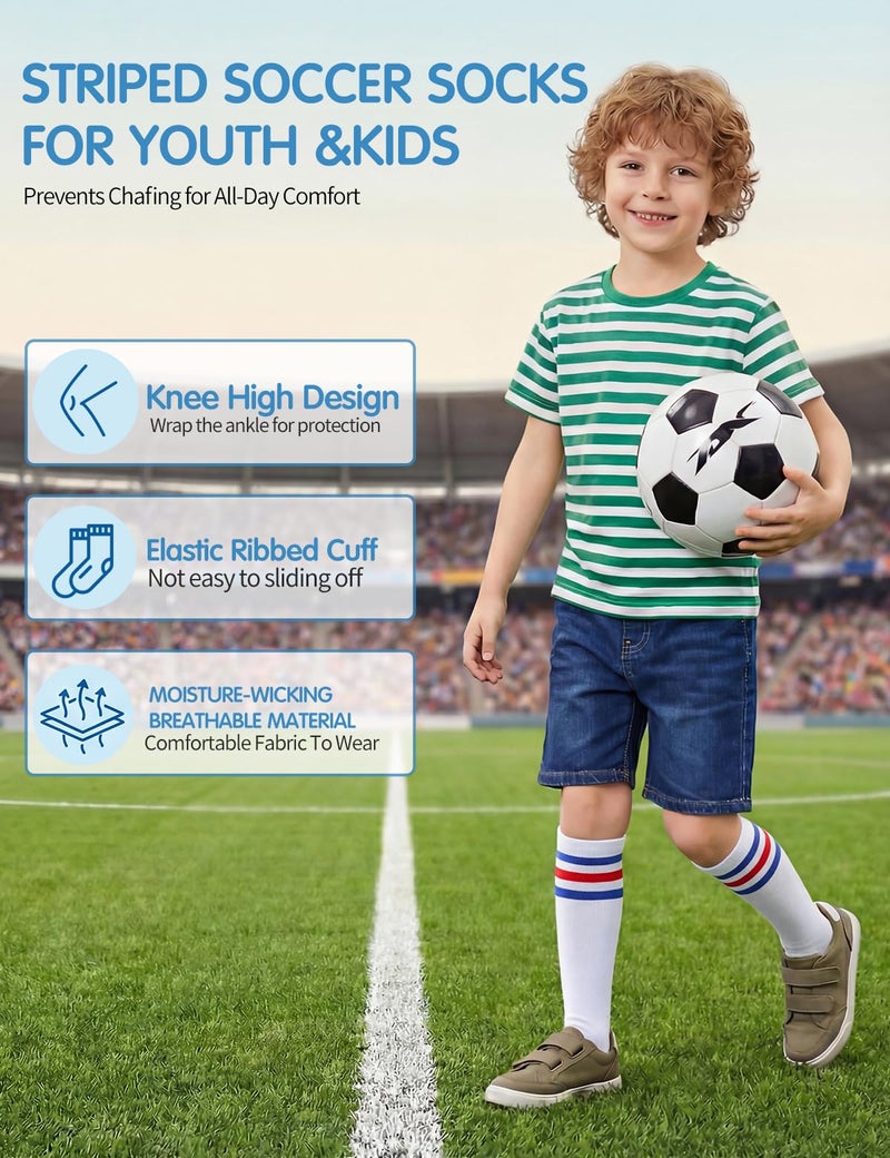 TOCONFFON Youth Soccer Socks Kids Boys Girls Baseball Outfit Knee High Softball Long Socks for Football Volleyball Athletic(Blue Stripe 3 Pairs,3-6) - Image 4