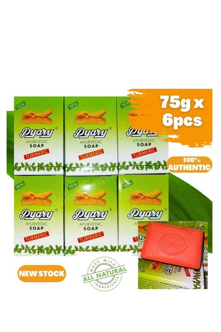 Pyary Ayurvedic Herbal Soap - Turmeric for Glowing Skin | 100% Natural Bath Soap | Pack of 6 x 75g | Skin Whitening & Pimples Control