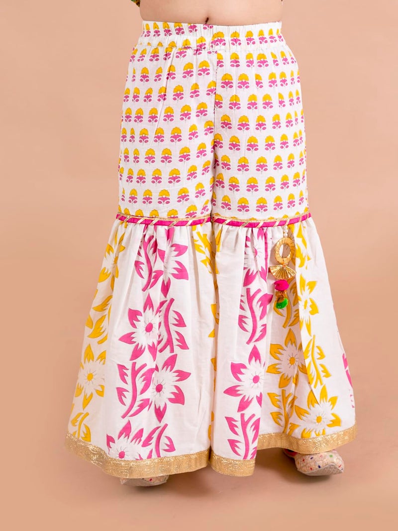Pspeaches Girls Yellow Floral Printed Pure Cotton Kurti With Sharara With Dupatta (Yellow-3-4Y) - Image 3