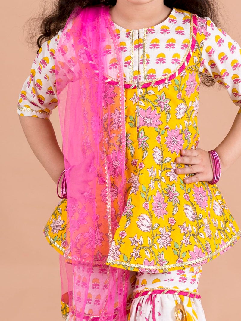 Pspeaches Girls Yellow Floral Printed Pure Cotton Kurti With Sharara With Dupatta (Yellow-3-4Y) - Image 2