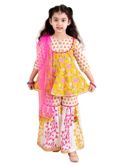 Pspeaches Girls Yellow Floral Printed Pure Cotton Kurti With Sharara With Dupatta (Yellow-3-4Y) - Image 5