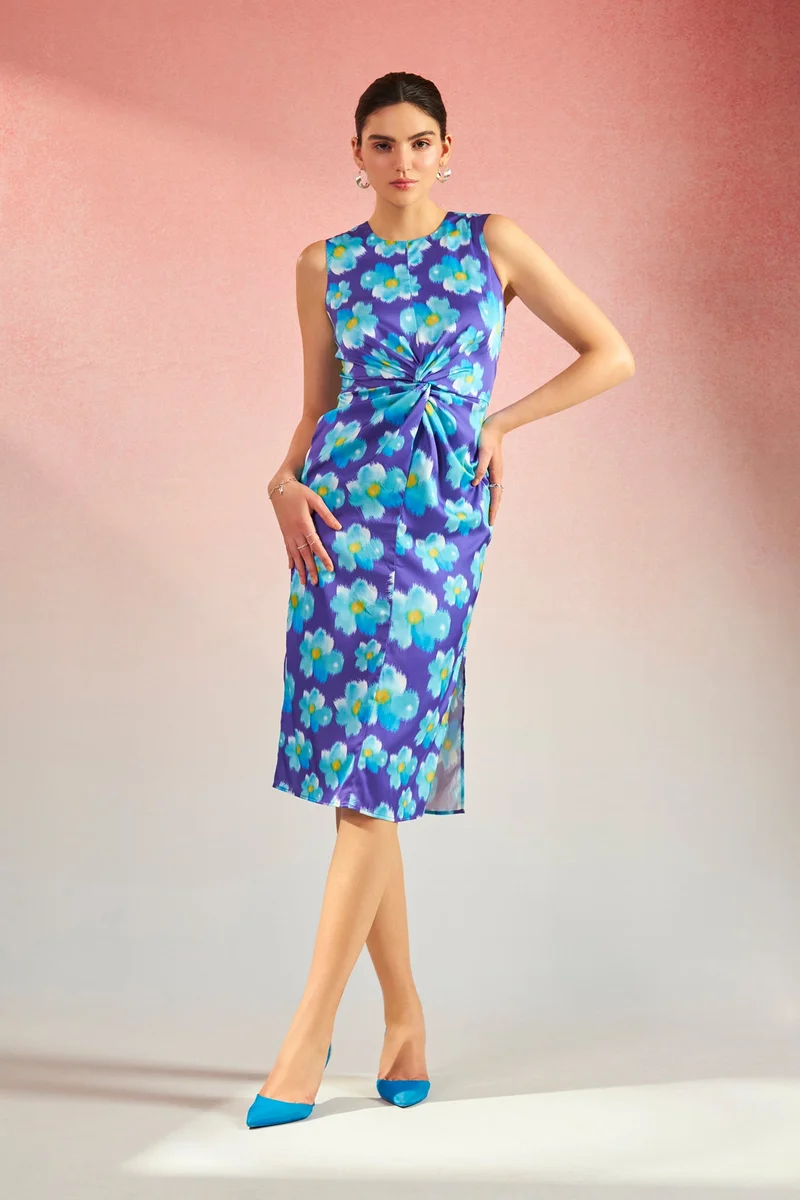 فيرجيو Floral Satin Knot Detail Midi Dress for Women